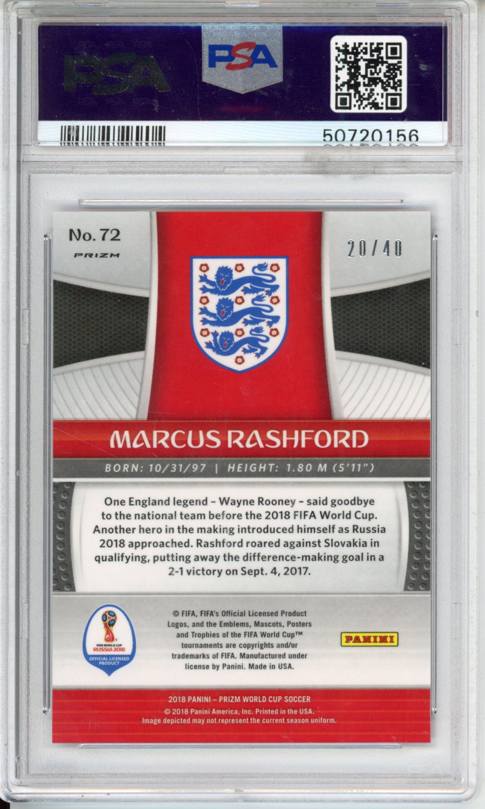 2018 Panini Prizm World Cup Marcus Rashford #72 Pink Lazer PSA 10