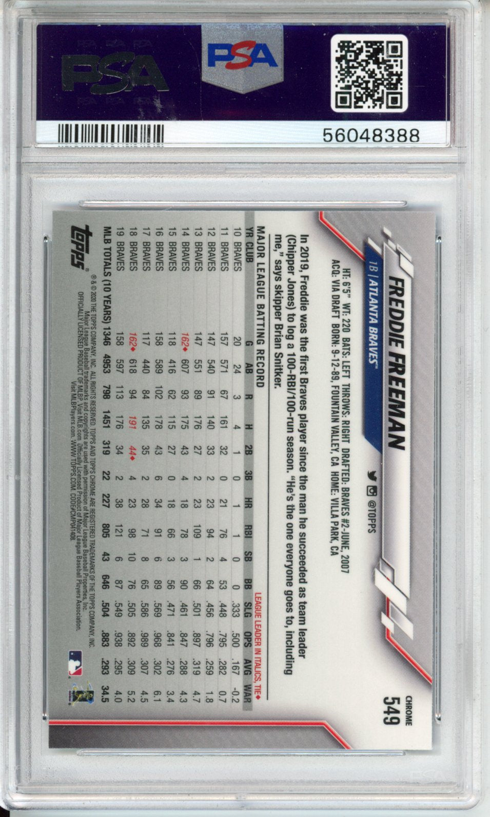 2020 Topps Chrome Sapphire Edition Freddie Freeman #549 PSA 10