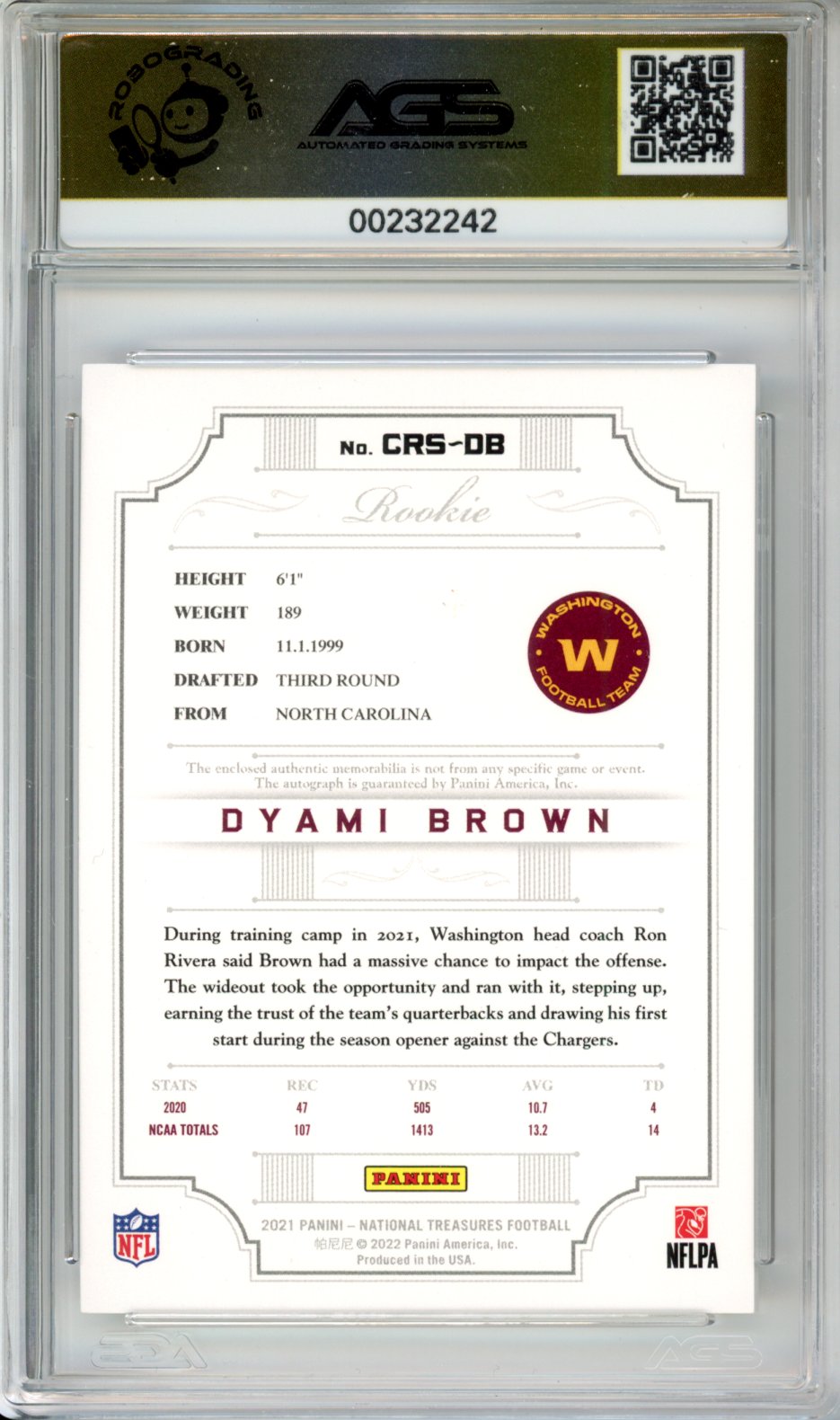2022 Football 2021 Panini National Treasures Dyami Brown #CRS-DB /99 AGS 10