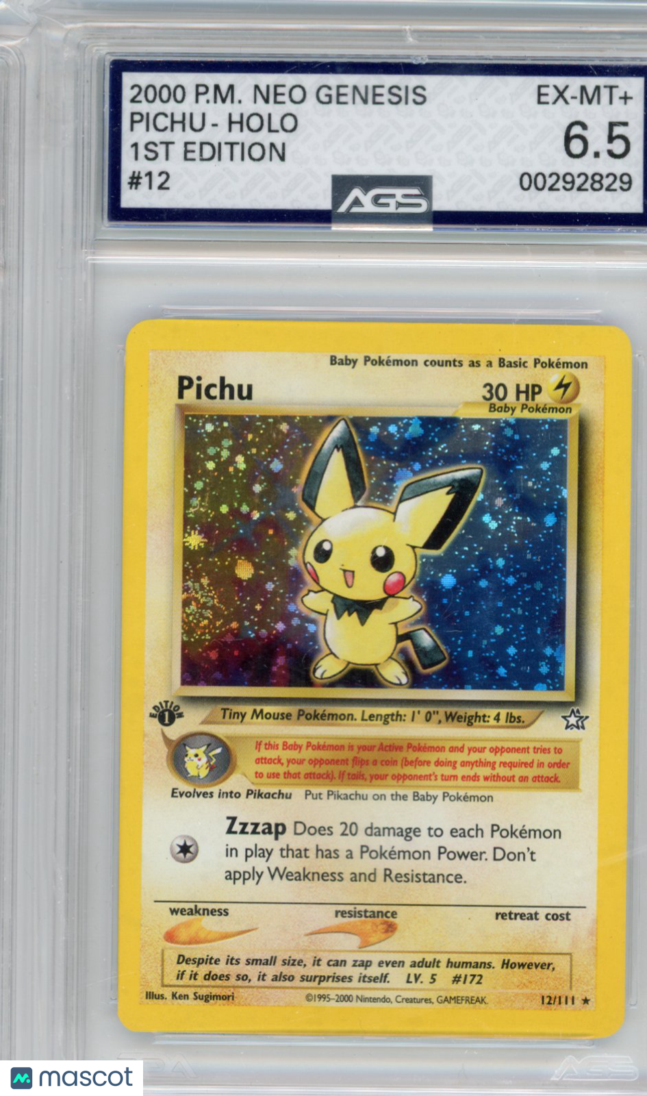2000 Pokemon Neo Genesis Pichu #012 1st Edition AGS 6.5