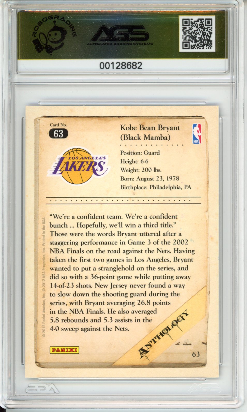 Basketball 2012-13 Panini Kobe Anthology KOBE BRYANT #063 AGS 10