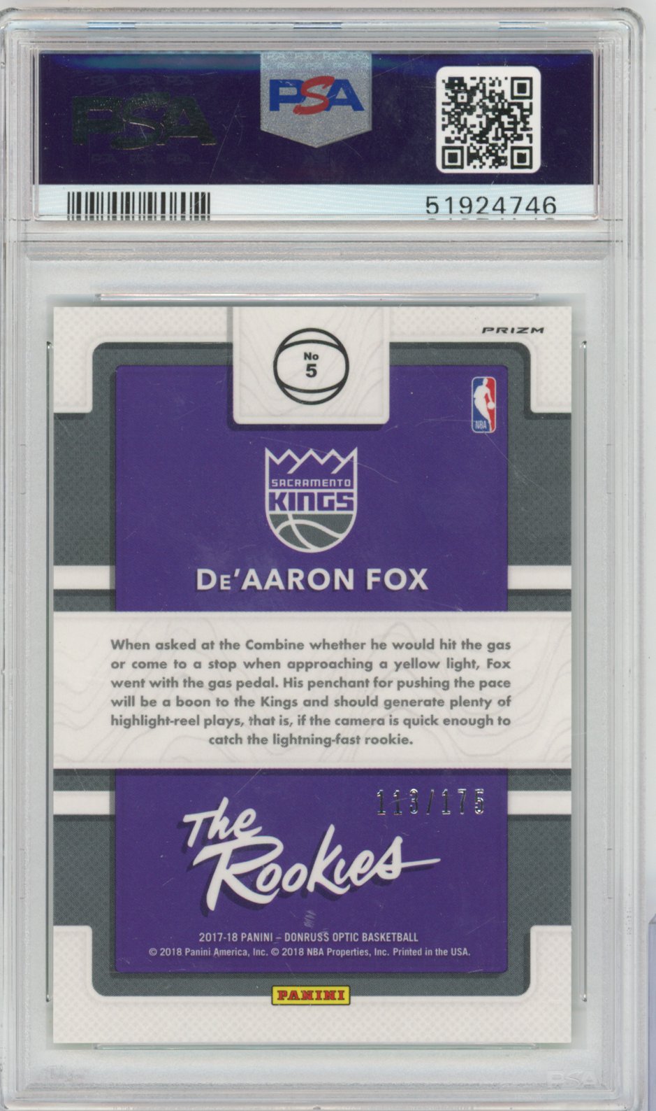2017 unknown unknown Panini Panini Basketball #5 De'Aaron Fox Donruss Optic The Rookies English PSA 10