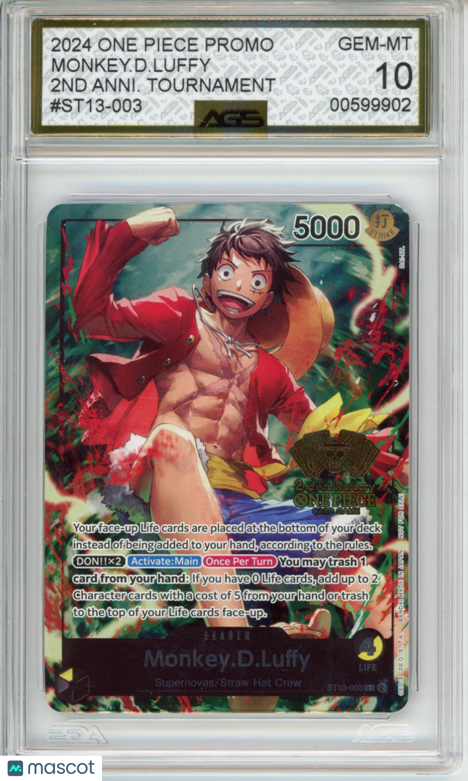 One Piece 2024 PROMOS MONKEY.D.LUFFY #ST13-003 2ND ANNIVERSARY TOURNAMENT AGS 10