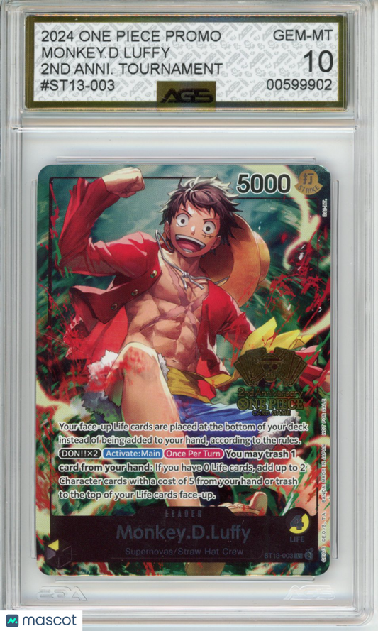 One Piece 2024 PROMOS MONKEY.D.LUFFY #ST13-003 2ND ANNIVERSARY TOURNAMENT AGS 10