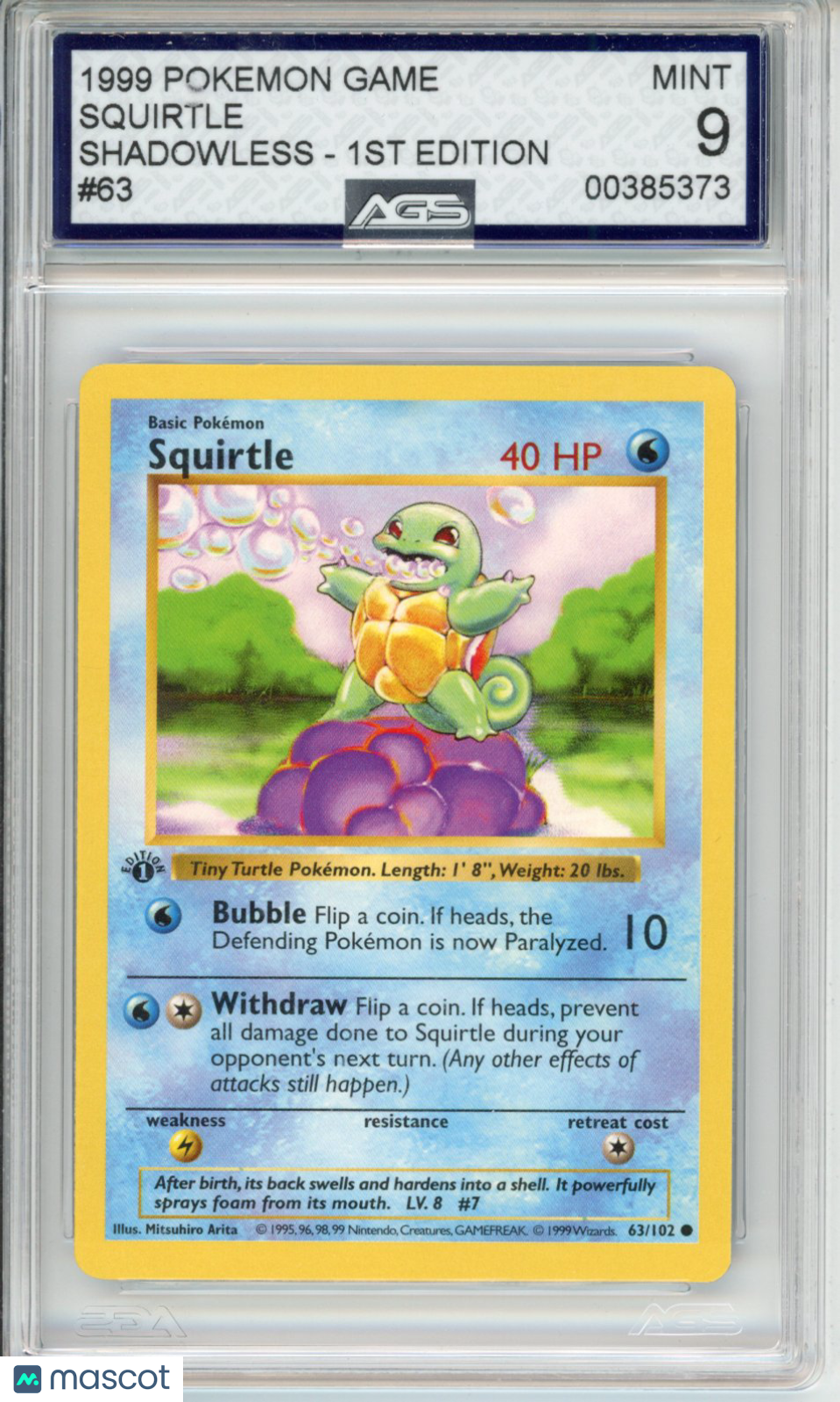 1999 Pokemon Base Set Squirtle #063 1st Edition AGS 9