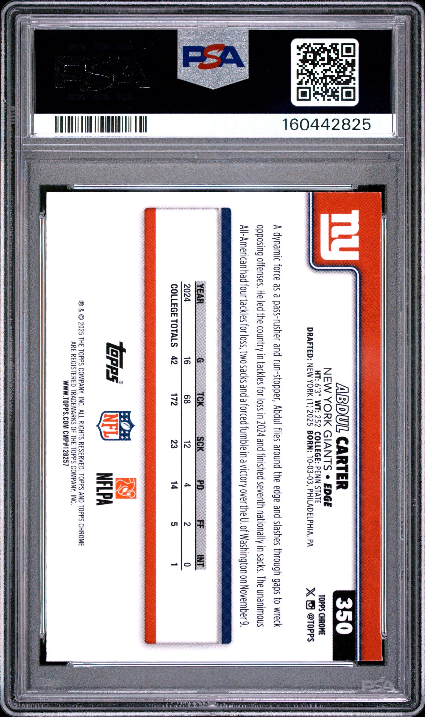 2025 Topps Chrome Football Abdul Carter #350 Blue Wave Refractor English PSA 8