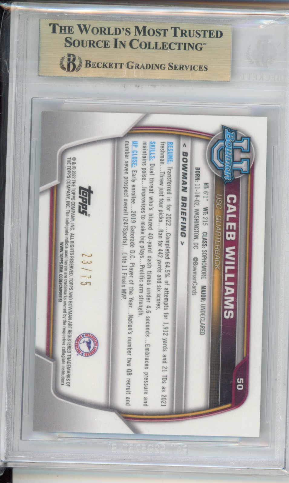 2022 Bowman Chrome University Yellow Refractors Caleb Williams #50 BGS 9.5