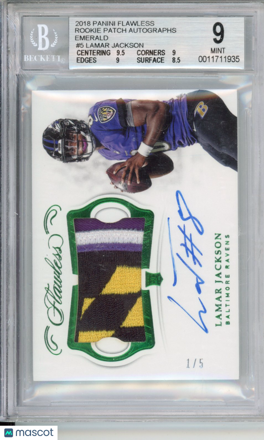 2018 Panini Flawless RPA /5 Emerald Lamar Jackson #5 BGS 9 Auto 10