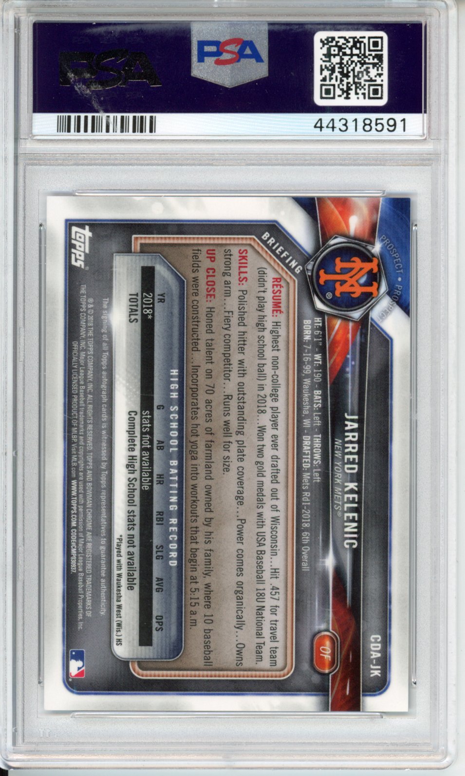 2018 Bowman Draft Picks Auto Jarred Kelenic #CDAJK DP Prpl. Refractor PSA 10