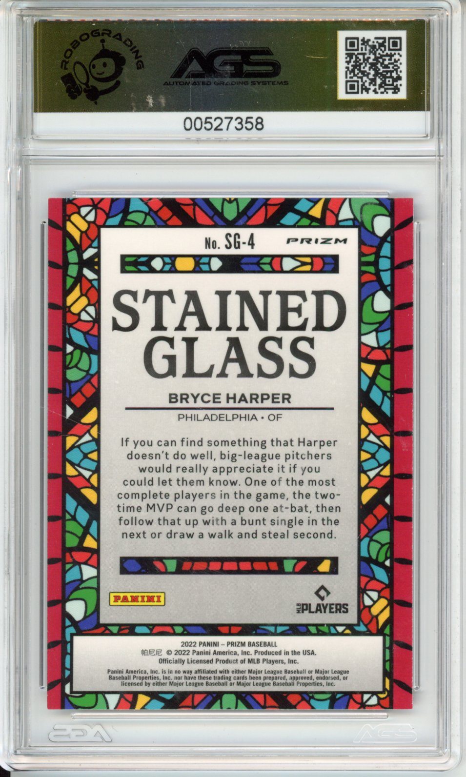 Baseball 2022 Panini Prizm Bryce Harper #SG-4 Purple Stained Glass AGS 10