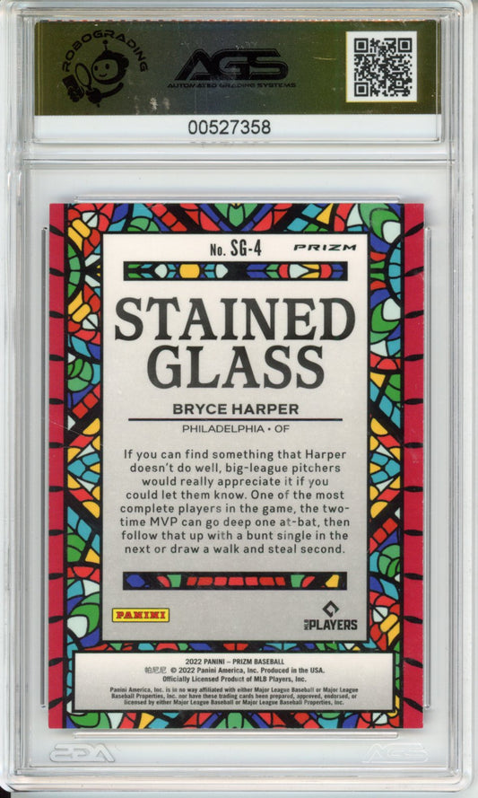 Baseball 2022 Panini Prizm Bryce Harper #SG-4 Purple Stained Glass AGS 10