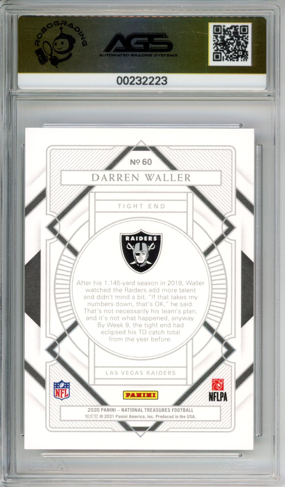 2021 Football 2020 Panini National Treasures Darren Waller #060 /11 AGS 10