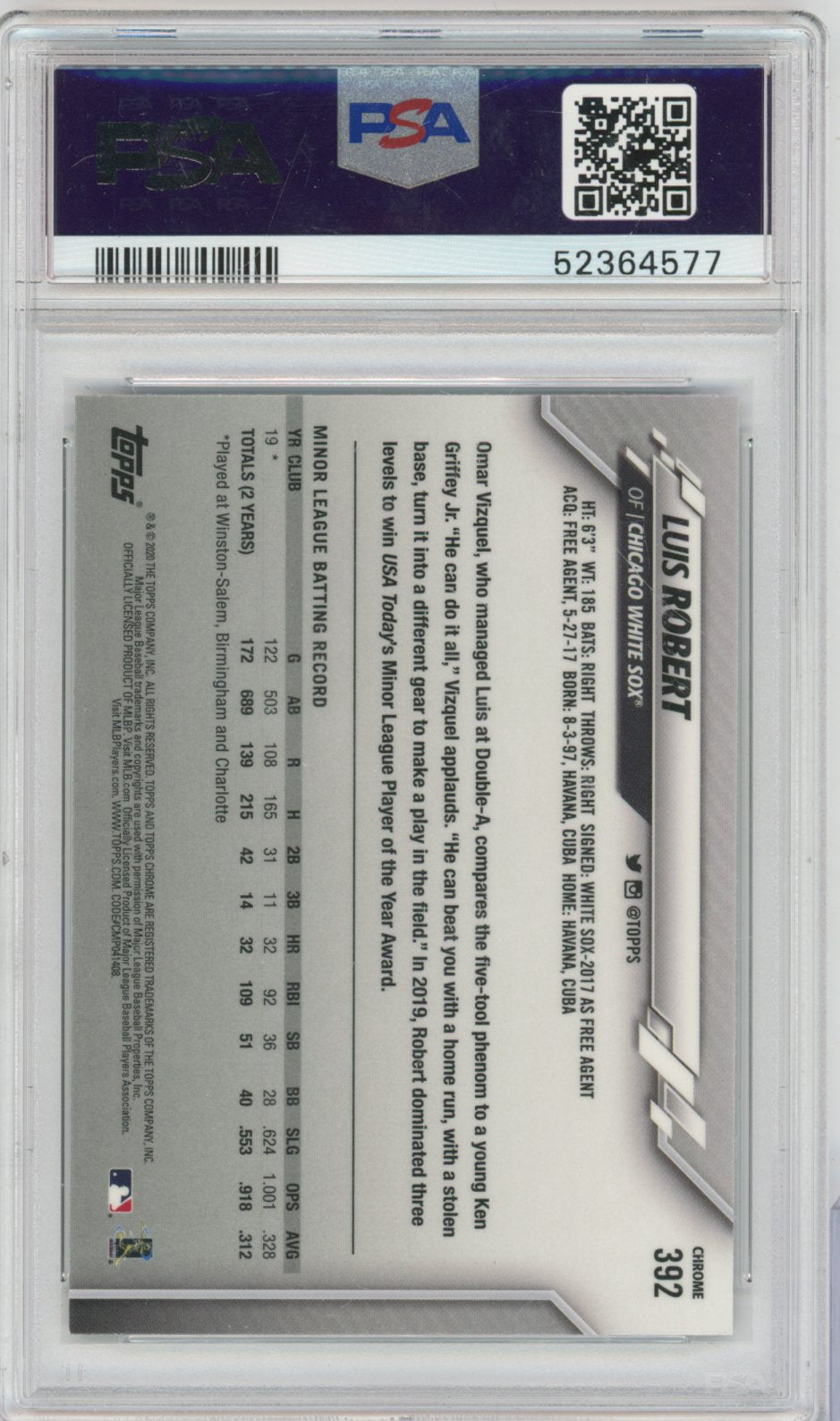 2020 Topps Baseball Luis Robert #392 Complete Set Variation Chrome English PSA 9