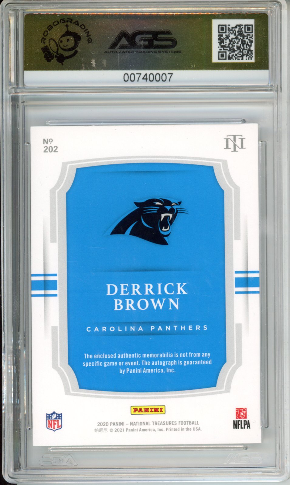 2020 Panini National Treasures DERRICK BROWN #202 ROOKIE PATCH AUTOGRAPHS AGS 10