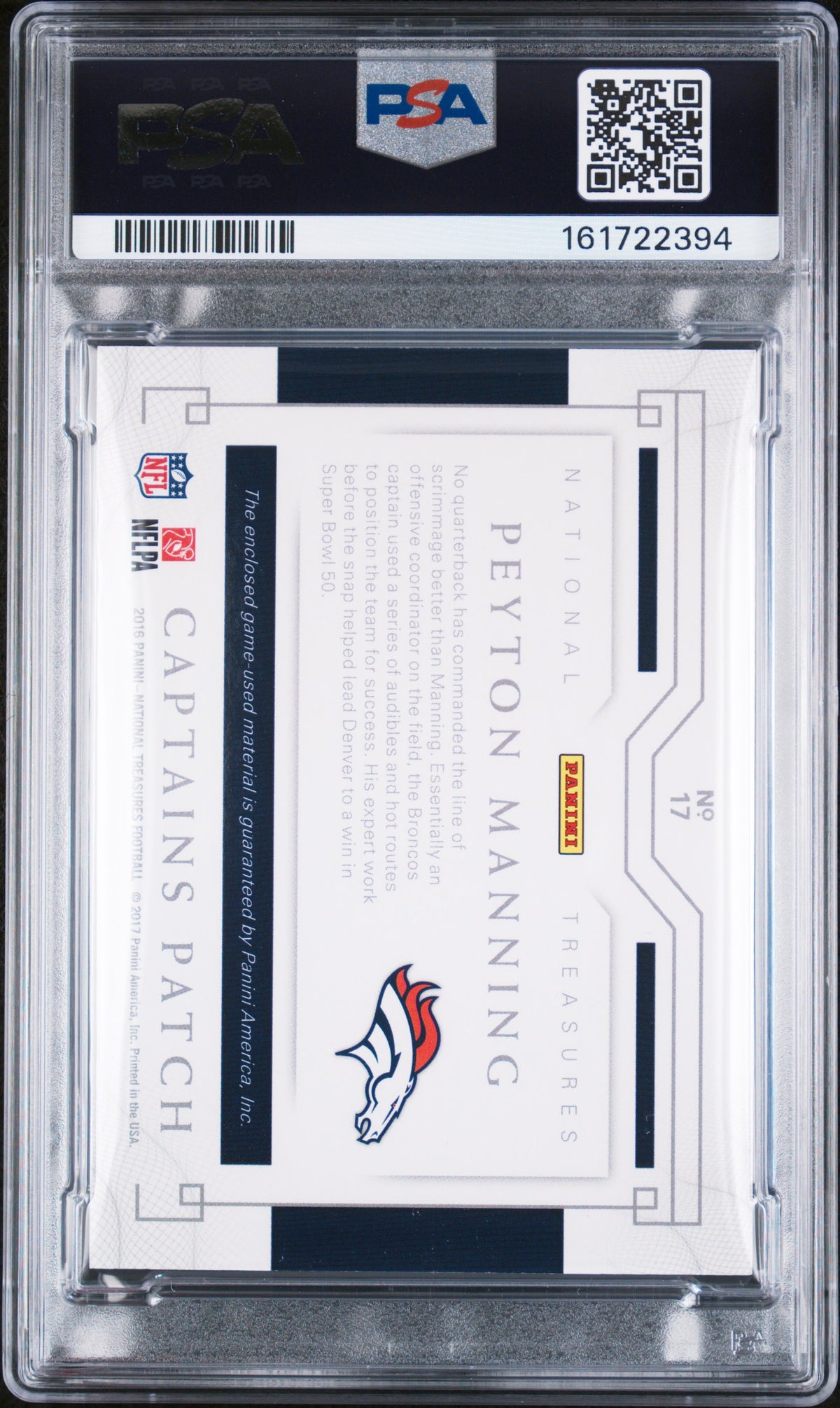 2016 Panini NATIONAL TREASURES NFL CAPTAINS PATCH PEYTON MANNING #17 NFL CAPTAINS PATCH 1/1 English PSA 8
