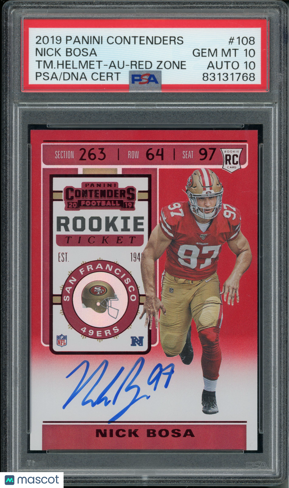 2019 Contenders Nick Bosa #108 Helmet Autograph Red Zone PSA 10 Rookie Auto 10
