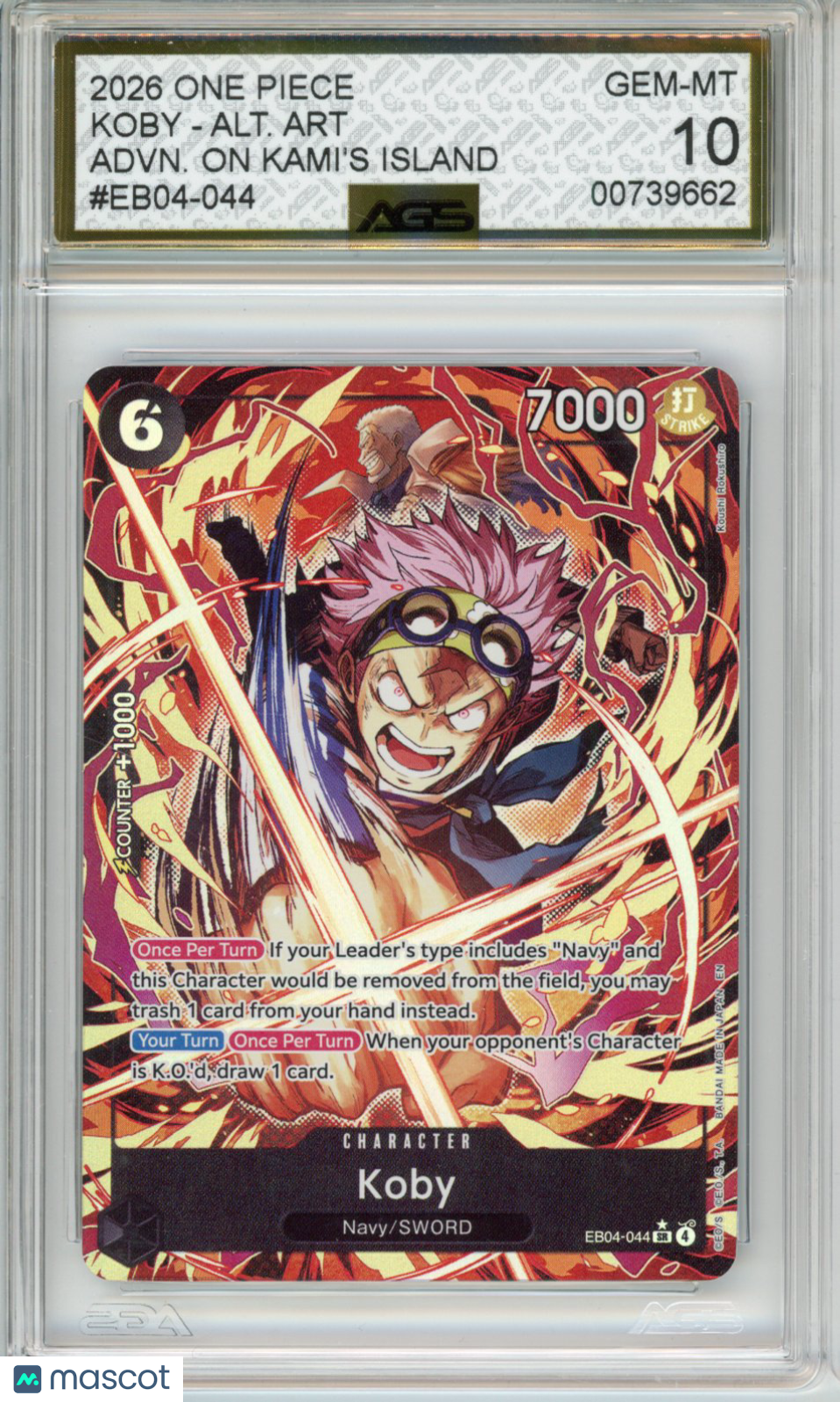 2026 One Piece ADVENTURE ON KAMI'S ISLAND KOBY EB04-044 ALT. ART AGS 10