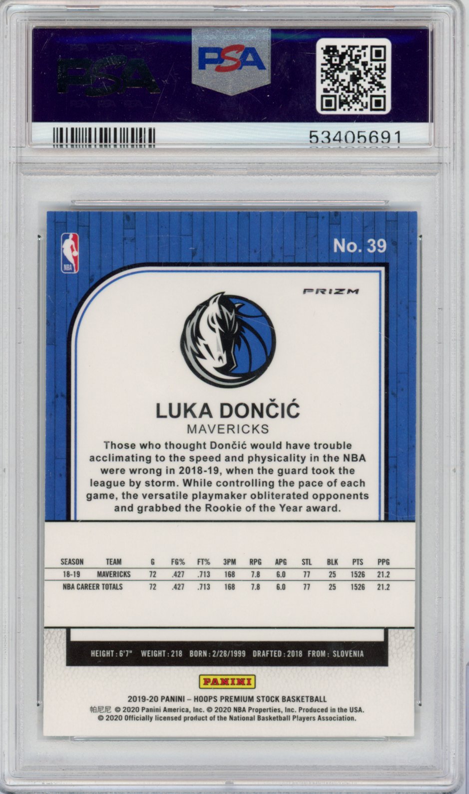 2019 Panini Panini Hoops Premium Stock Luka Doncic Pulsar 39 English PSA 9