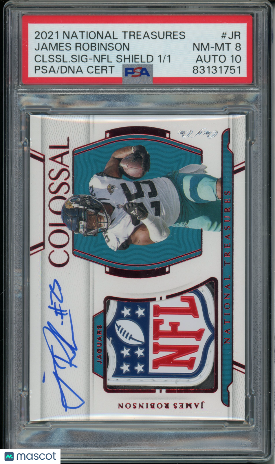 2021 National Treasures James Robinson #JR Colossal Signature NFL Shield 1/1 PSA 8
