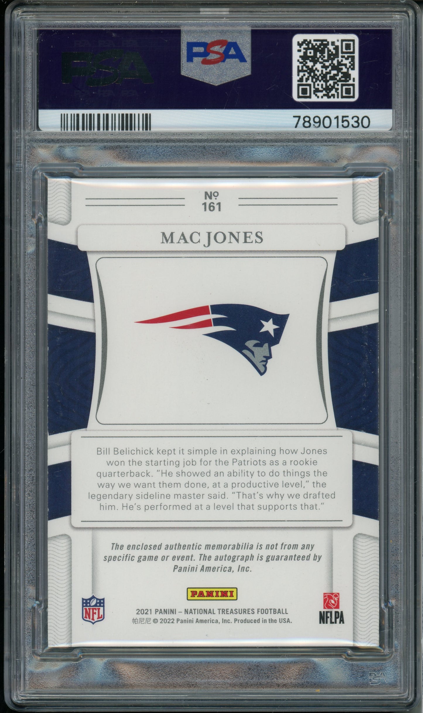 2021 National Treasures Mac Jones #161 Rookie Patch Auto RPA Shield RC PSA 8