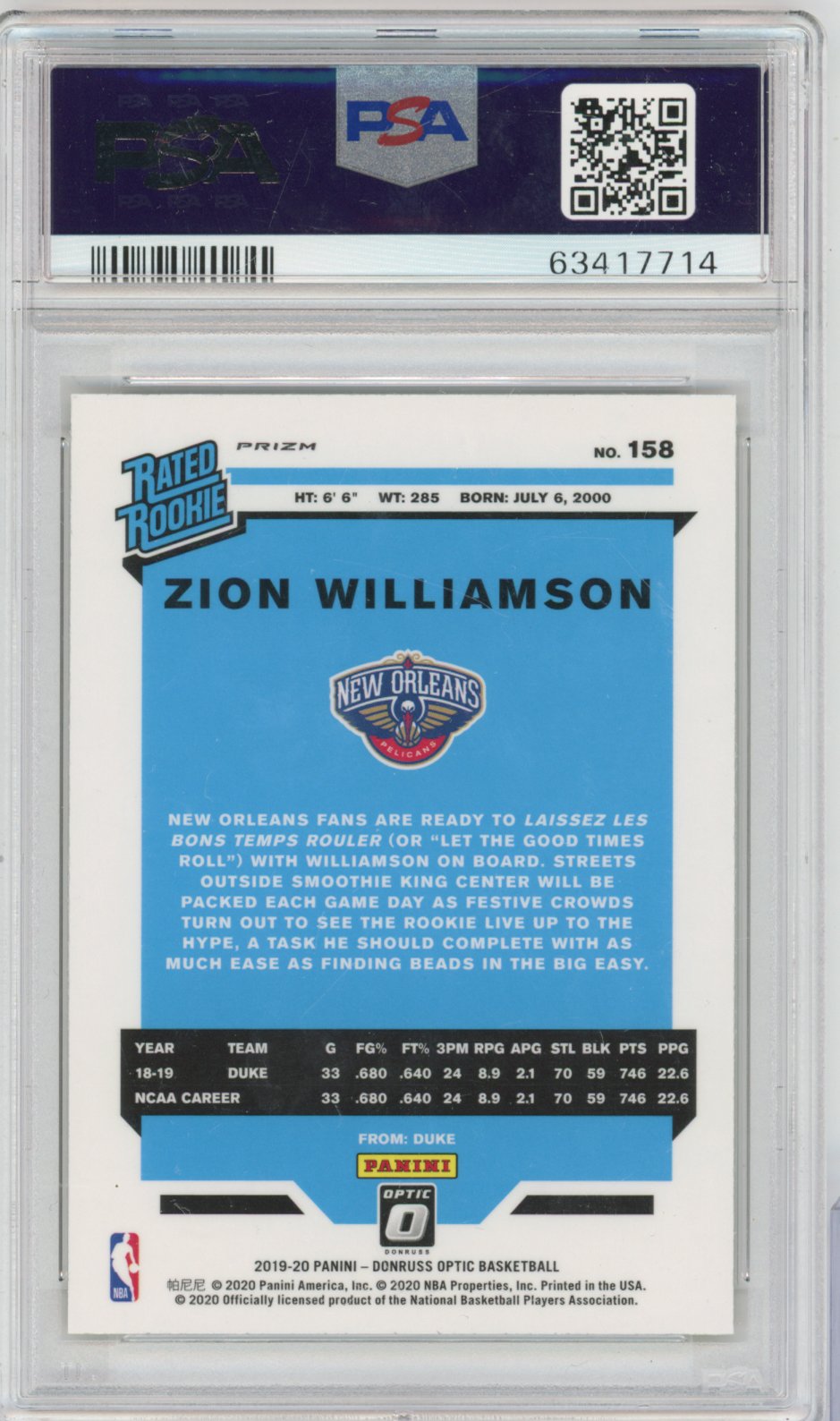2019 Panini Donruss Optic Basketball Zion Williamson #158 Gold Wave English PSA 9
