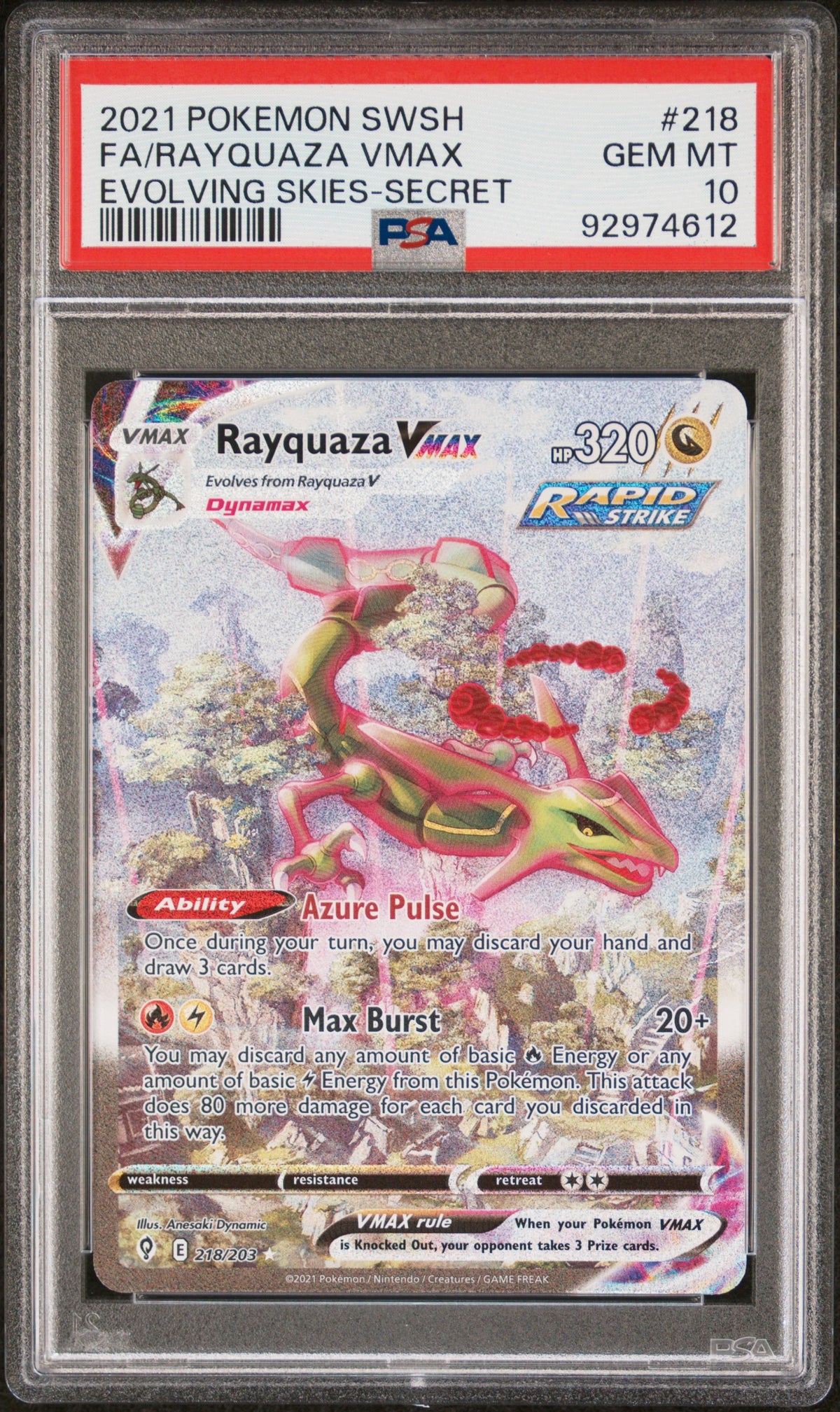 2021 Pokemon Evolving Skies Rayquaza #218 Full Art English PSA 10