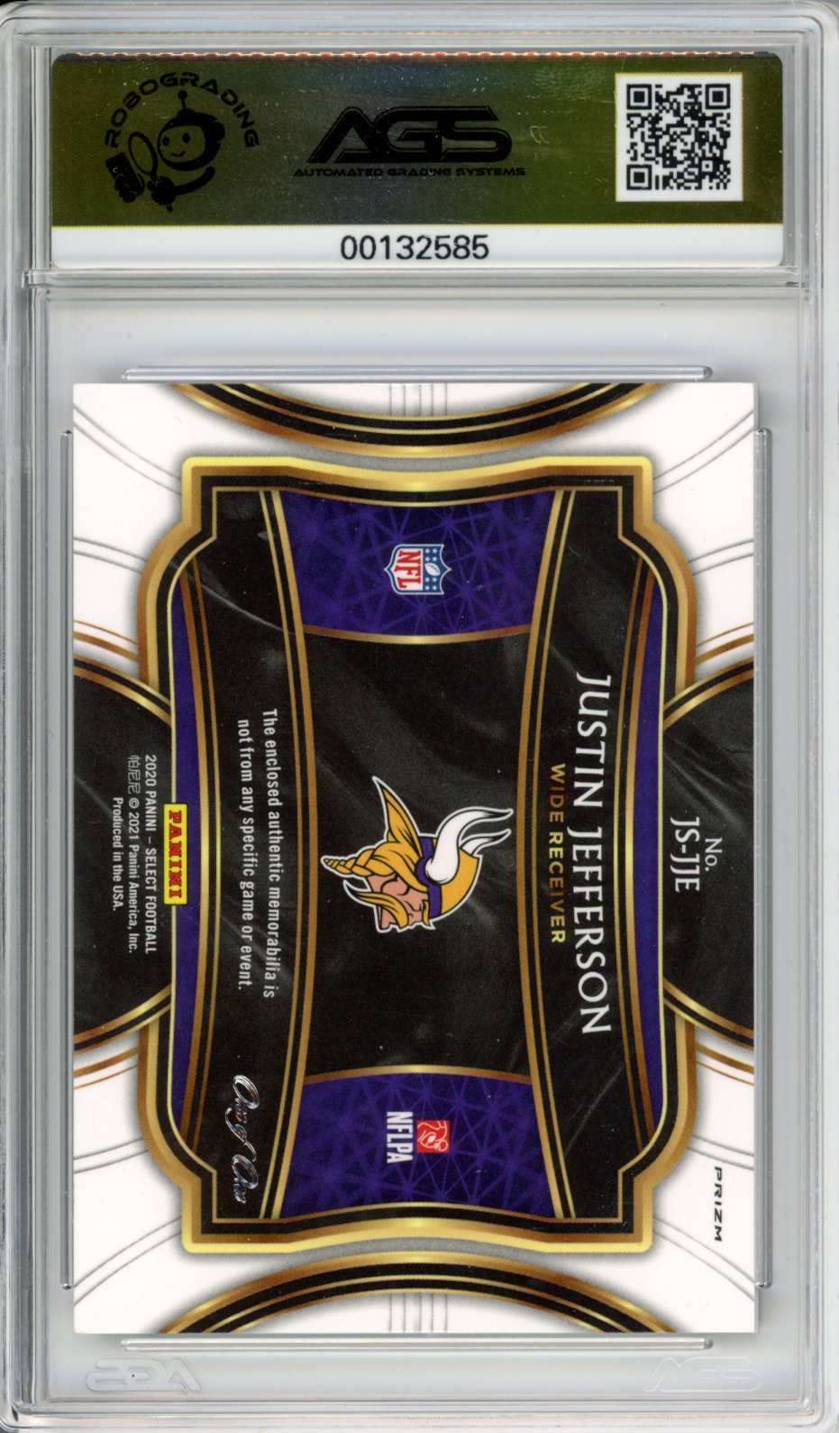 2021 Select Justin Jefferson #JS-JJE Jumbo Rookie Swatch Black Shield 1/1 AGS 9.5