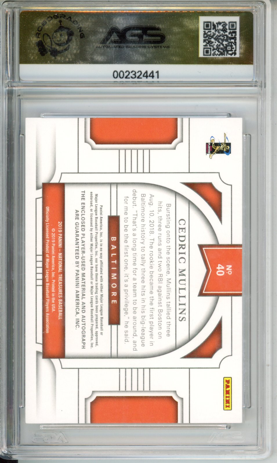 2019 Panini National Treasures CEDRIC MULLINS #40 MATERIAL SIGNATURES - GOLD English RC AGS 10