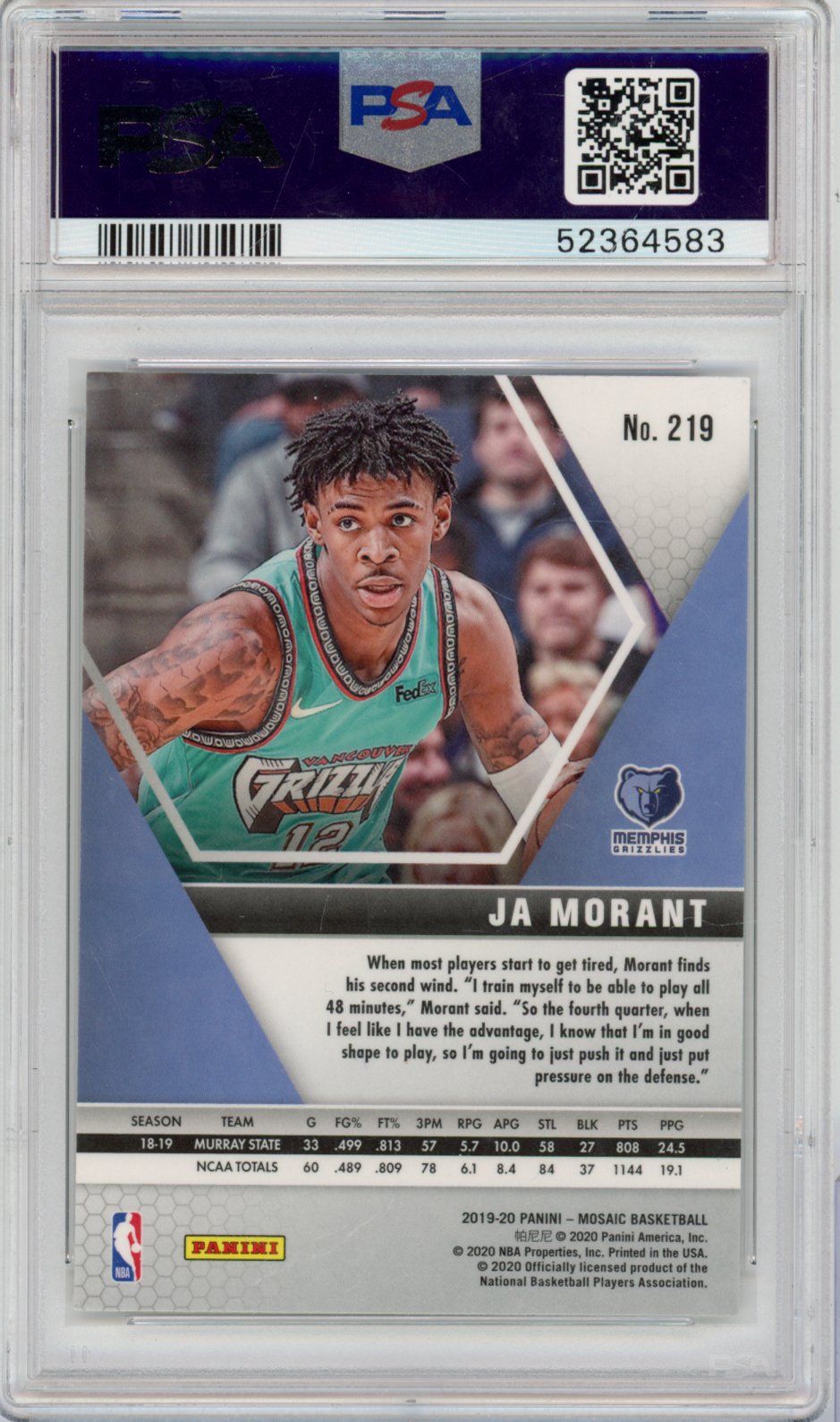 2019 Panini Mosaic Basketball Ja Morant #219 Mosaic English PSA 9