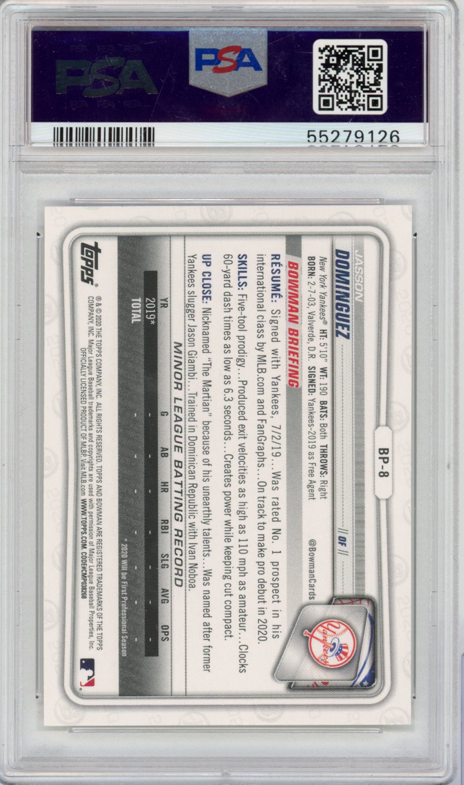 2020 Bowman Paper Prospects Baseball Jasson Dominguez #BP-8 Platinum English PSA 10