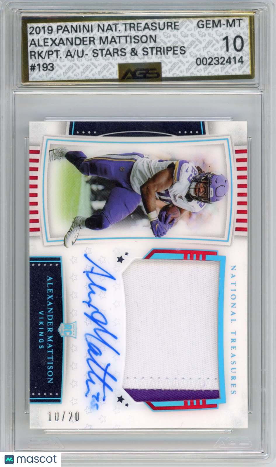 2020 Football 2019 Panini National Treasures Alexander Mattison #193 /20 AGS 10