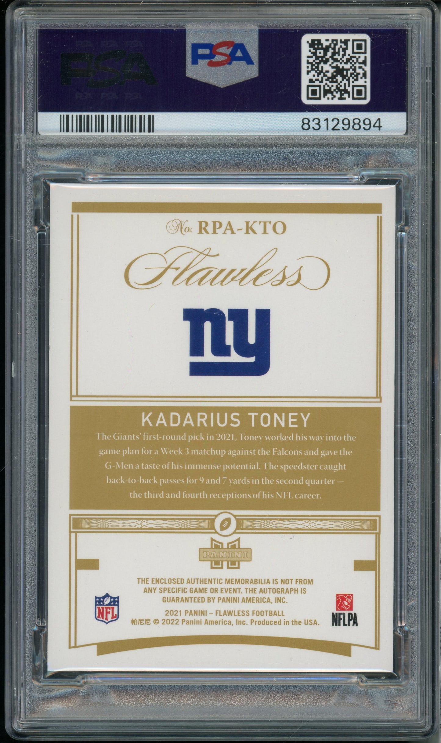 2021 Flawless Kadarius Toney #RPAKTO Rookie Patch Auto Platinum /1 PSA 10 RPA RC