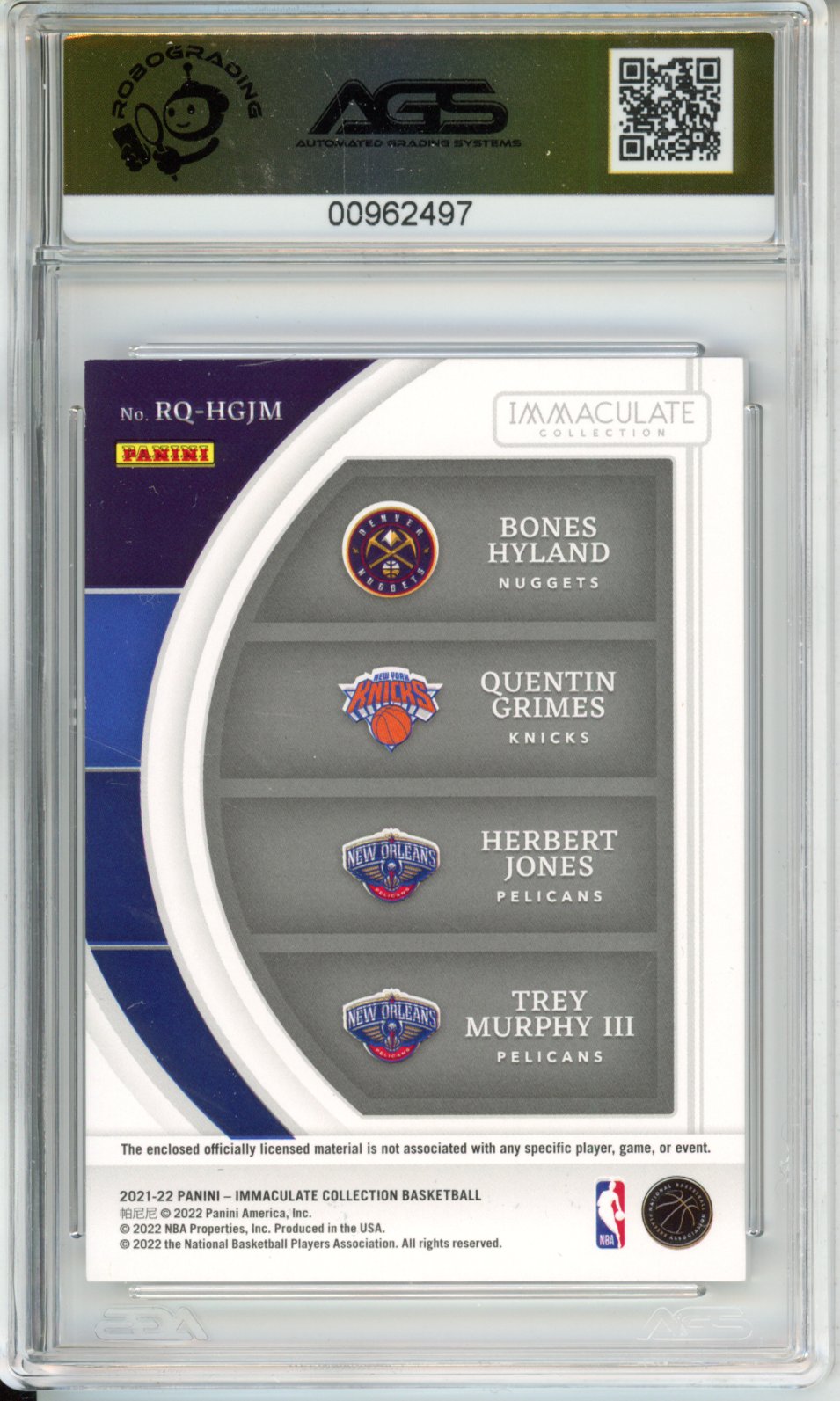 Panini 2021-22 IMMACULATE Trey Murphy III / Herbert Jones / Quentin Grimes / Bones Hyland #RQ-HGJM REMARKABLE JERSEYS QUAD English RC AGS 10
