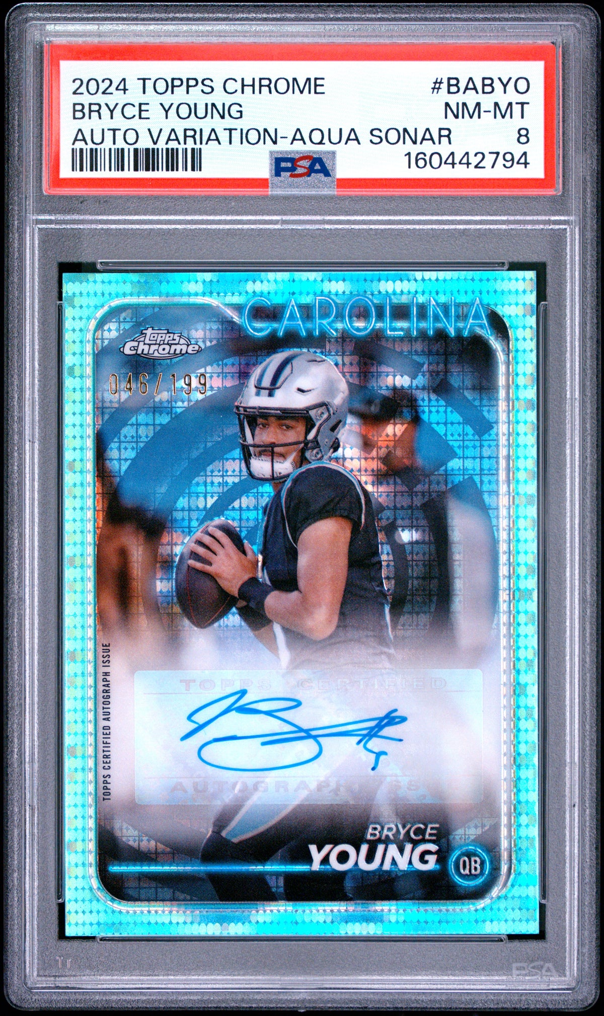 2024 Topps Chrome Autographs Variations Bryce Young Aqua Sonar BABYO English PSA 8
