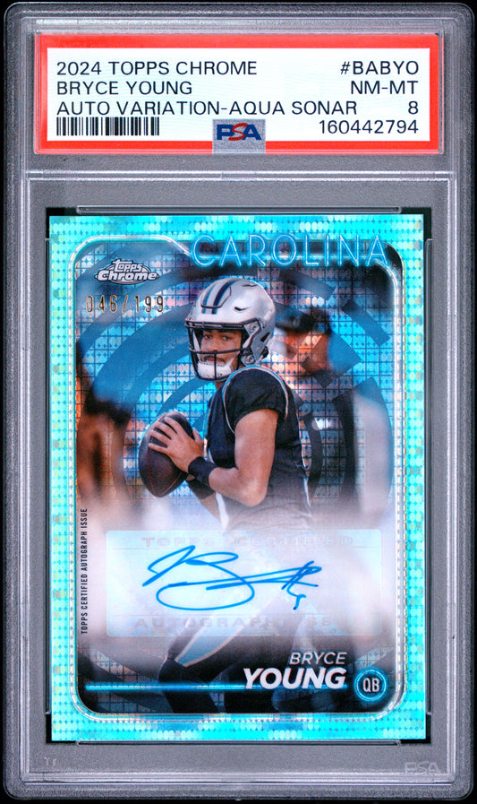 2024 Topps Chrome Autographs Variations Bryce Young Aqua Sonar BABYO English PSA 8