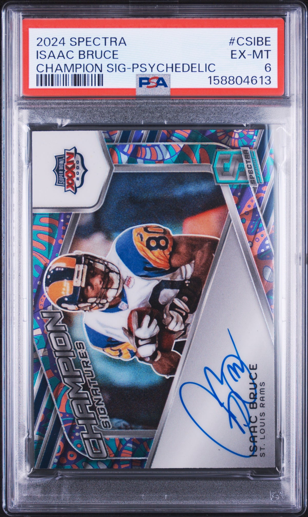 2024 unknown Panini Spectra Champion Signatures Isaac Bruce Psychedelic CSIBE English PSA 6