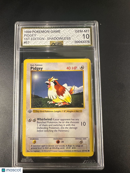 1999 Pokemon Base Set Pidgey 1st Edition Shadowless #57 AGS 10