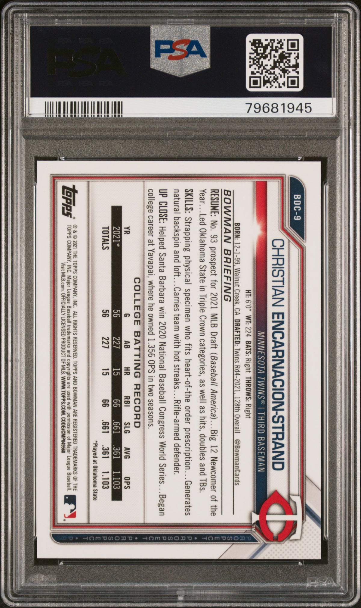 2021 Bowman Draft Chrome Baseball Christian Encarnacion-Strand #BDC-9 Yellow Lava English PSA 10