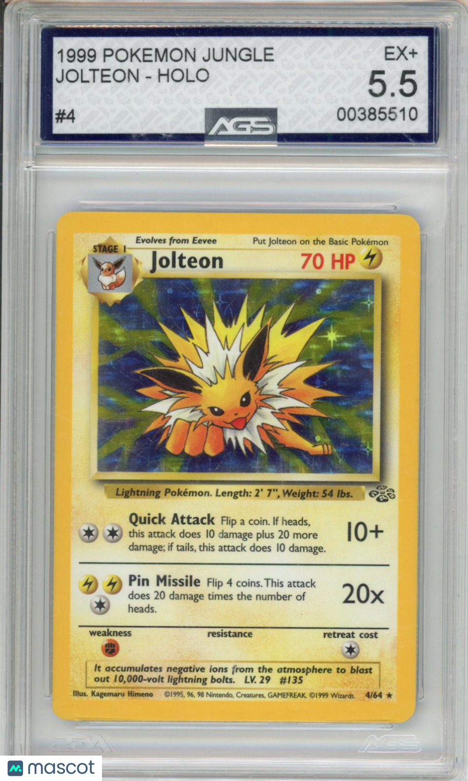 1999 Pokemon Jungle Jolteon #004 Unlimited AGS 5.5