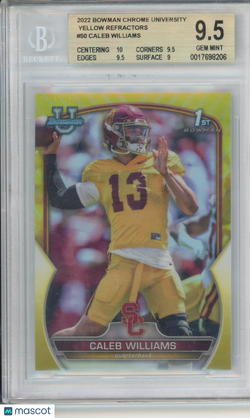 2022 Bowman Chrome University Yellow Refractors Caleb Williams #50 BGS 9.5