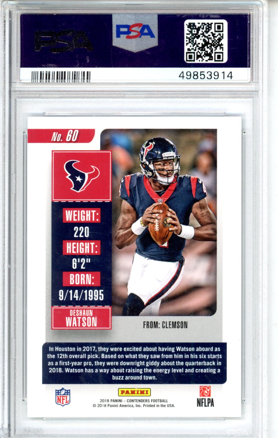 2018 Panini Contenders Deshaun Watson #60 Super Bowl Ticket PSA 9 1/1