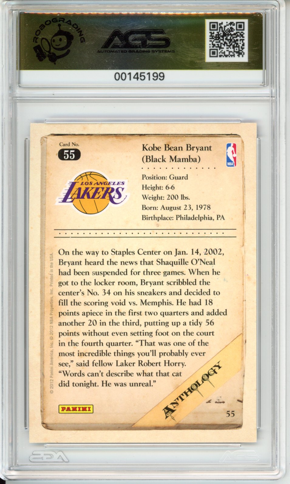 Basketball 2012-13 Panini Kobe Anthology KOBE BRYANT #055 AGS 10