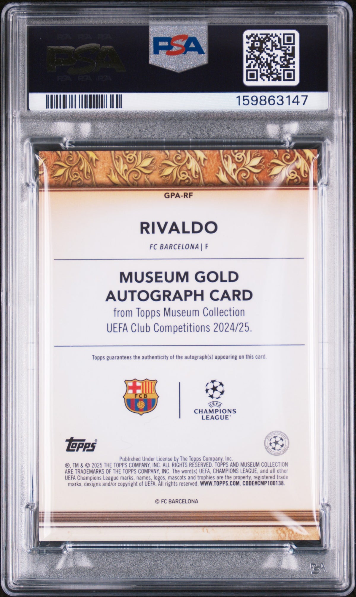 2024 unknown unknown 2025 Topps Museum Collection UEFA Club Competitions Museum Gold Autographs Rivaldo RF English PSA 9