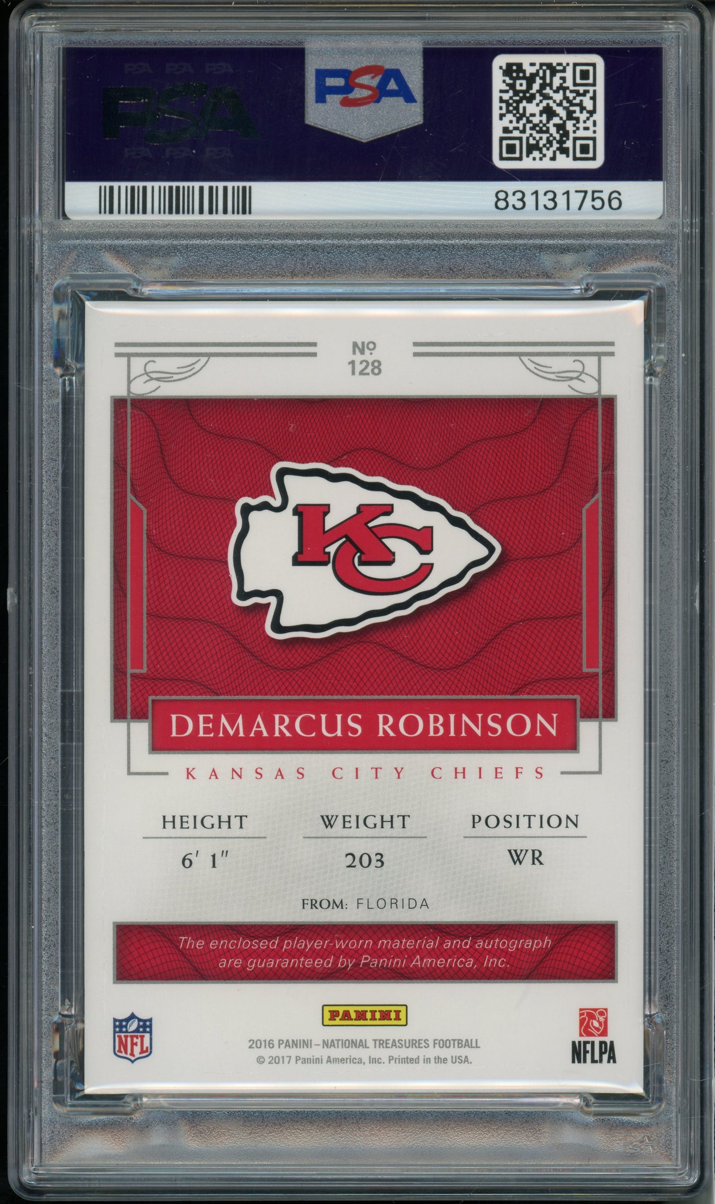 2016 National Treasures DeMarcus Robinson #128 Patch Auto Platinum 1/1 PSA 9 RPA