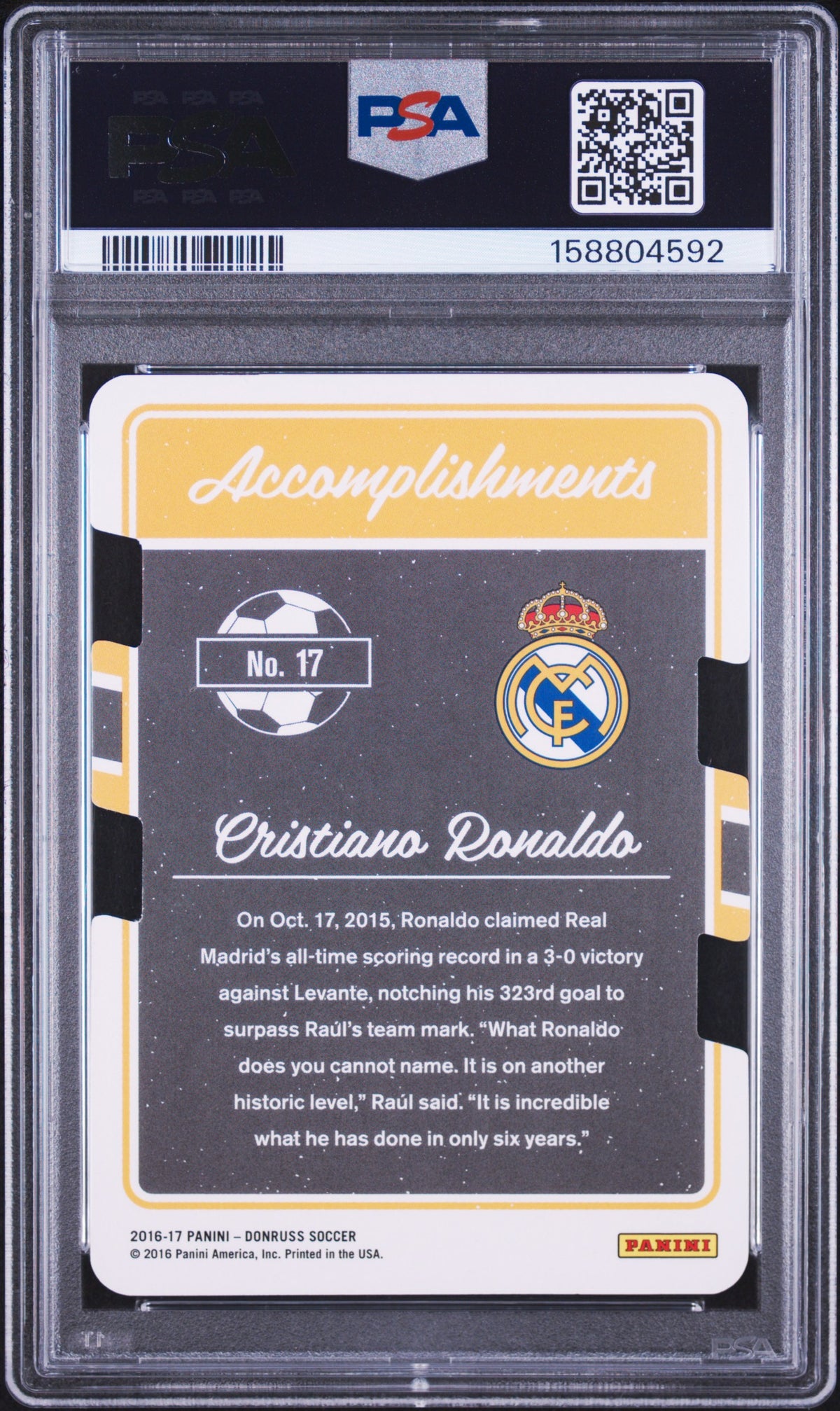 2016 Panini Donruss Accomplishments Cristiano Ronaldo Press Proof Die-Cut 17 English PSA 9
