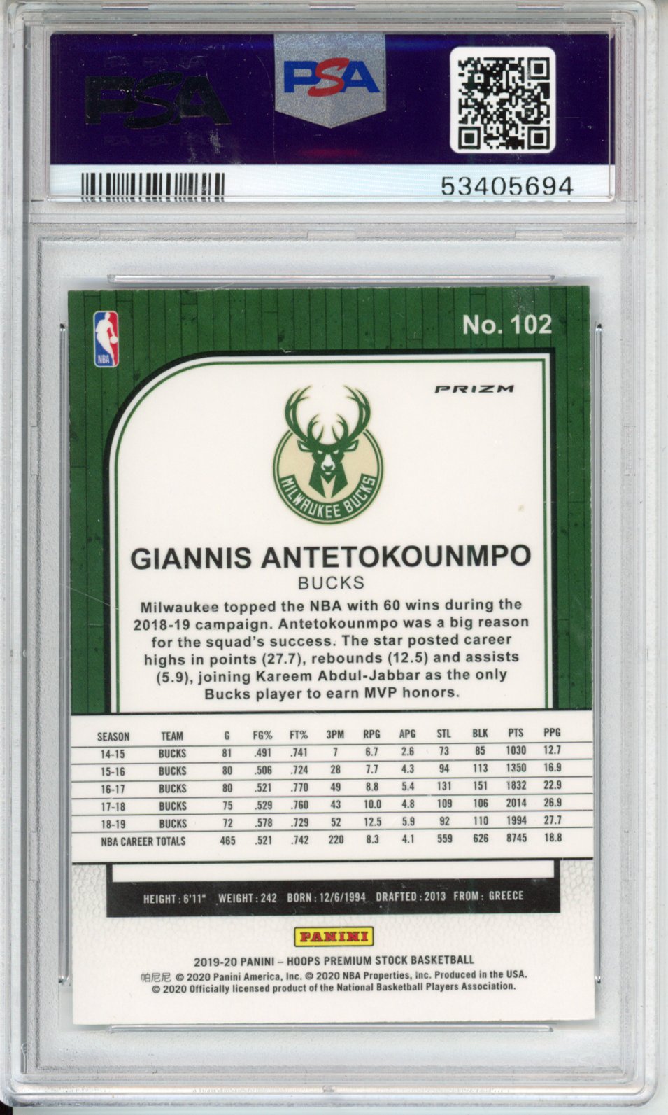 2019 Panini Hoops Premium Stock G. Antetokounmpo #102 Pulsar PSA 10