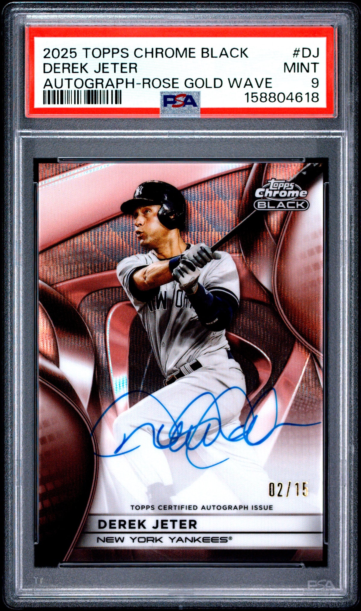 2025 Topps Chrome Black Autographs Derek Jeter Rose Gold Wave DJ English PSA 9