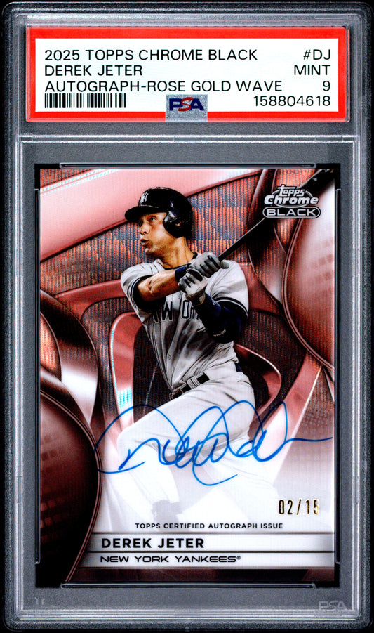 2025 Topps Chrome Black Autographs Derek Jeter Rose Gold Wave DJ English PSA 9