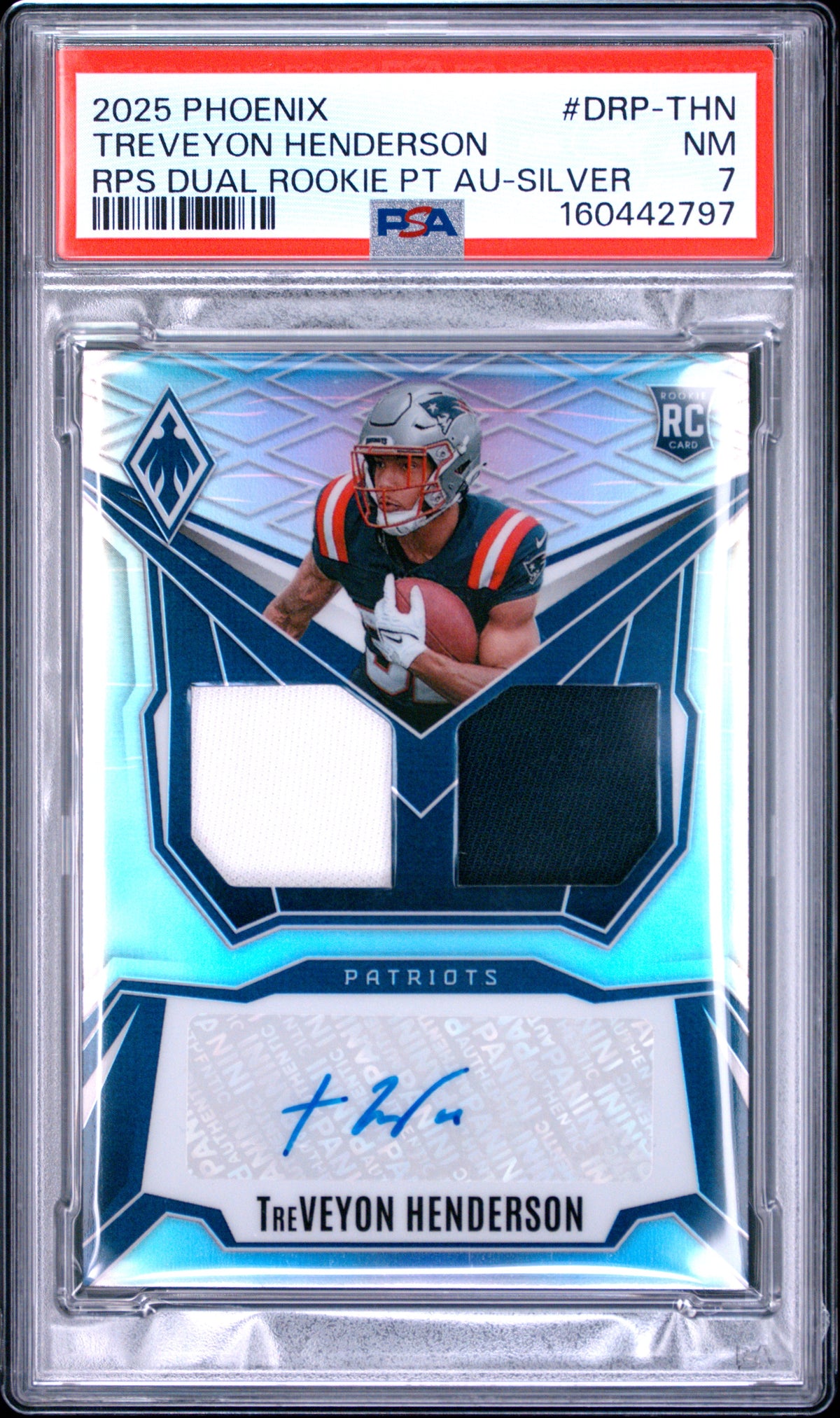 2025 unknown Panini Phoenix Rps Dual Rookie Patch Autographs Treveyon Henderson Silver DRP-THN English PSA 7