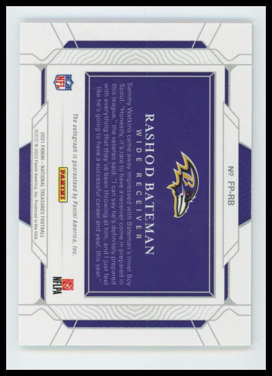 2021 National Treasures Rookie Field Pass Gold /10 Rashod Bateman RC Auto Ravens